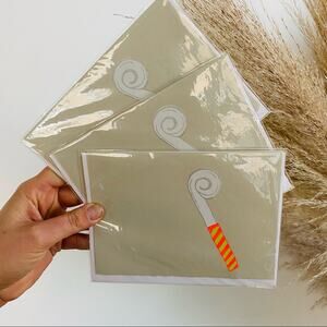 NEW ANTHROPOLOGIE Cream Tan Illustrated Noisemaker Party Greeting Card s/3